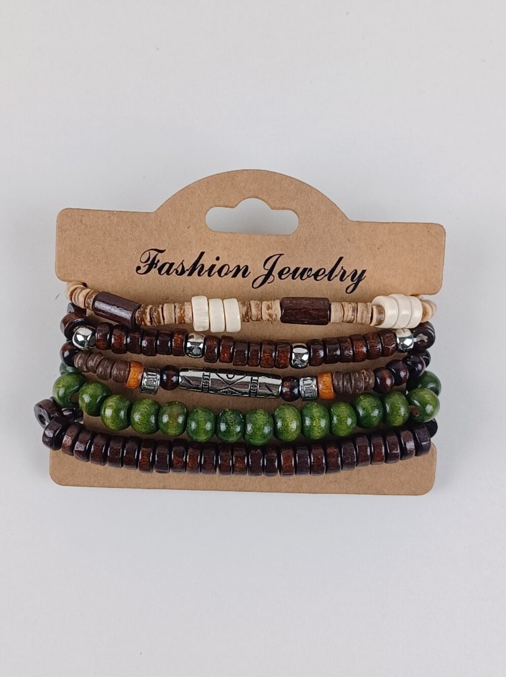 Boho Multi-Strand Beaded Bracelet Set - Green, Brown & Cream